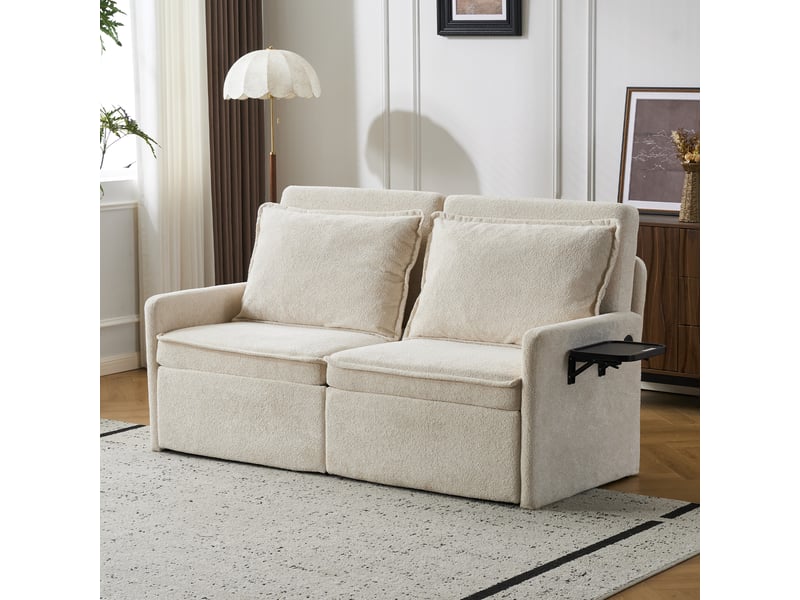  Canapé convertible 3-en-1 à dossier réglable avec rangements  - ports usb-c, chenille - beige  - Conforama B