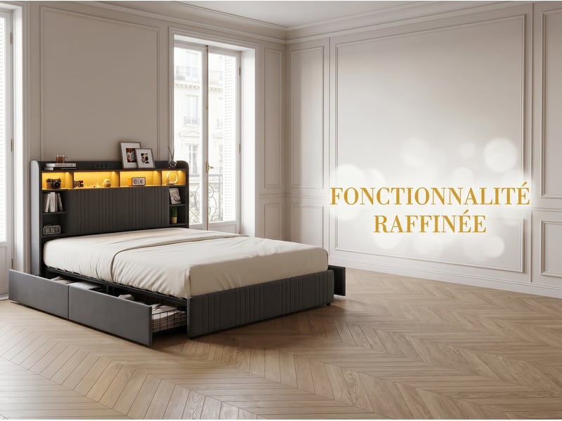Lit 2 places 160x200 cm - avec éclairage led et tiroirs - tête de lit avec étagères - sommier inclus - Conforama D