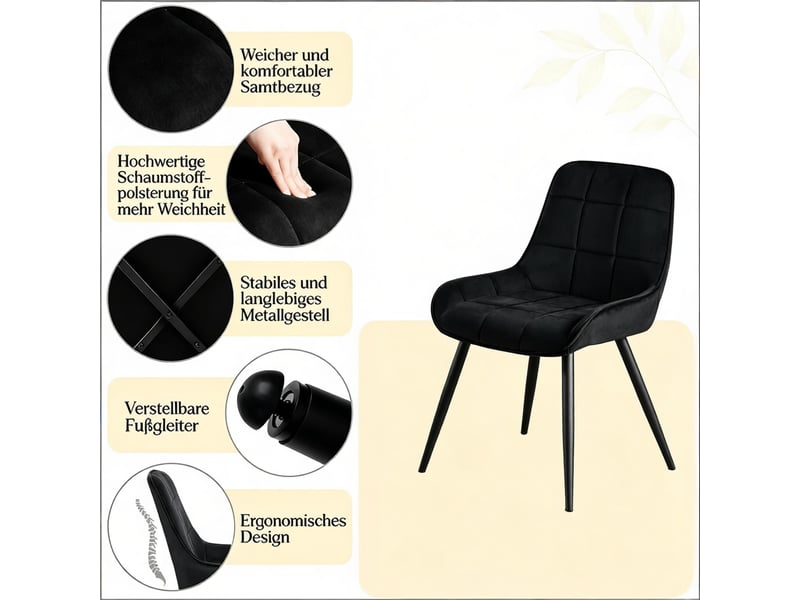 Chaises de salle à manger lot de 4 à dossier courbé - assise rembourrée, velours noir, 38 × 43 × 47 cm - Conforama E