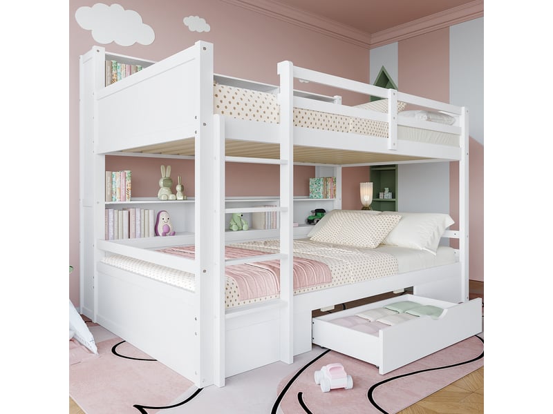  Lit superposé enfant 90x200, lit superposé blanc avec tiroirs et étagères de rangement, cadre en bois, 205x118.5x175cm.  - Conforama D