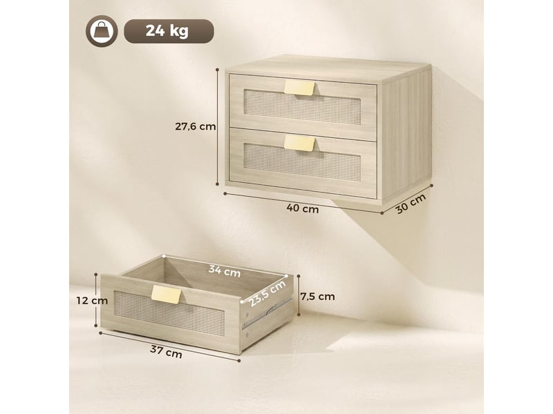  Lot de 2 tables de chevet murales 2 tiroirs rotin coloris chêne 40 x 30 x 27,6 cm  - Conforama C