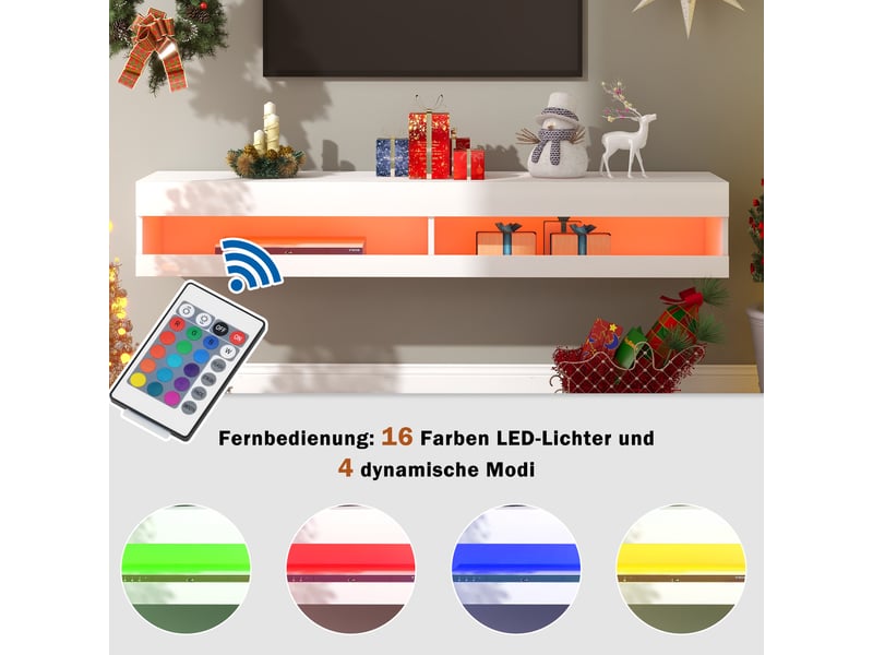  Meuble tv mural 140cm - led 16 couleurs &amp; 4 modes - finition uv brillante - économisez de l'espace au sol - blanc  - Conforama B