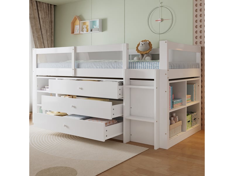  Lit mezzanine enfant 90x200 cm - avec échelle - avec 3 tiroirs et des compartiments de rangement ouverts - bois massif + mdf - blanc (sans matelas)  - Conforama E