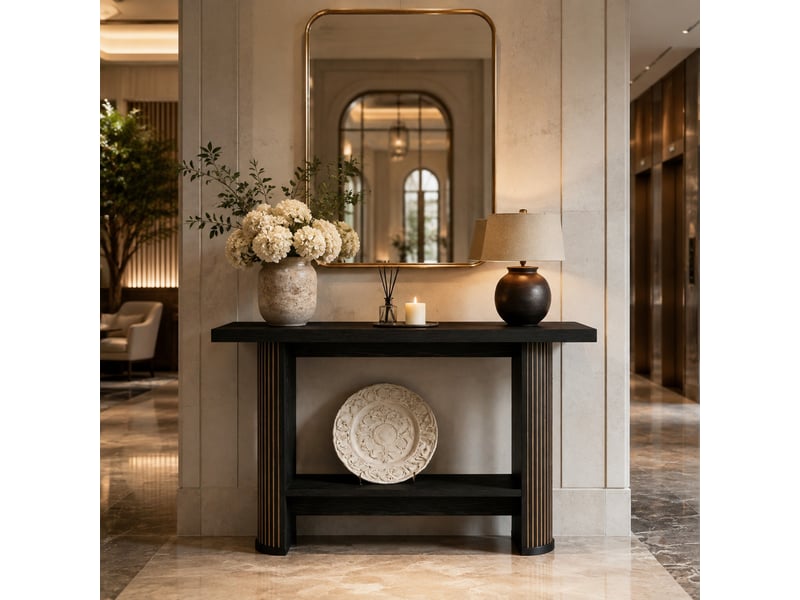  Console étroite avec plateau en bois noir, design moderne, pour entrée, couloir, salon ou derrière canapé, gain de place  - Conforama D