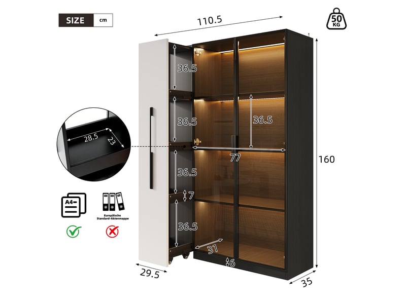  Vitrine led verre 110x35x160cm meuble de rangement buffet haut bibliothèque avec portes vitrée étagère coulissante, noir  - Conforama R
