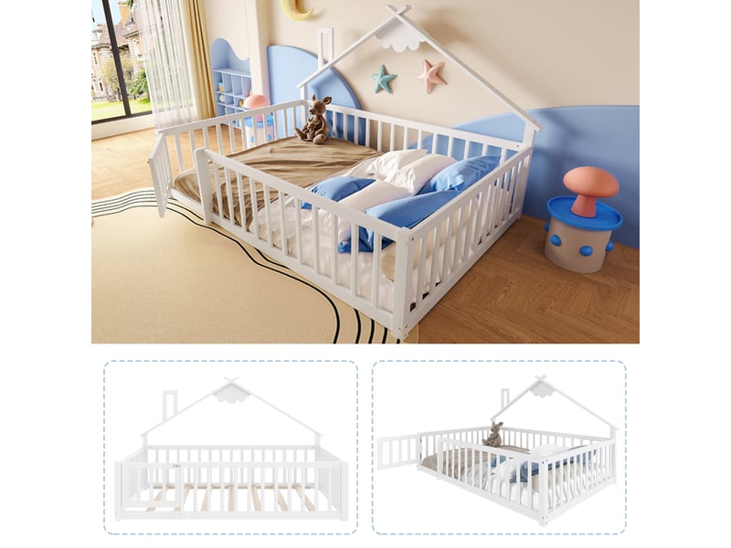  Lit enfant 140x190 cm, forme de maison, garde-corps, sommier, pin blanc, sans matelas  - Conforama E