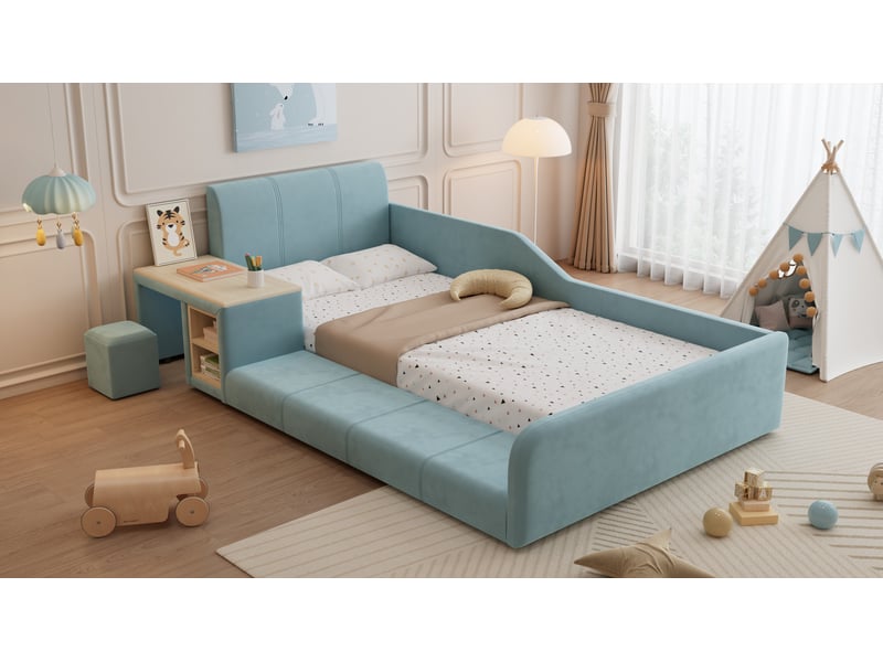  Lit simple 90 × 200 cm, rembourré, bureau, tabouret, étagère, tête de lit et lattes incluses, bois et velours, bleu  - Conforama B