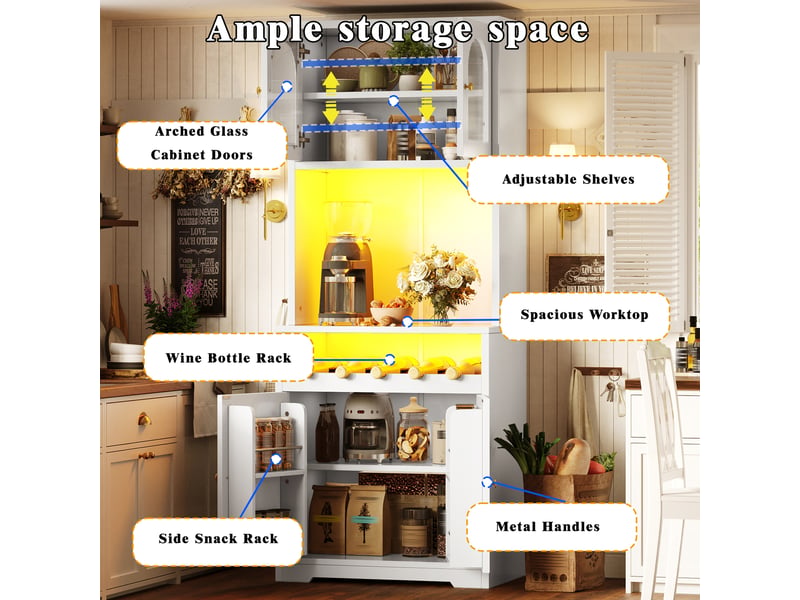  Lot de 2 buffets hauts, coloris blanc, 140 × 38,3 × 180 cm, mdf, métal et verre, portes vitrées cintrées, porte-bouteilles  - Conforama C
