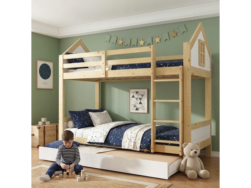  Lit superposé enfant 90x200 cm avec lit gigogne 90x190 cm, 3 couchages, design cabane avec fenêtre, échelle et garde-corps, bois, blanc et naturel Seren Glow - Conforama B