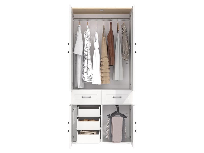 Armoire de chambre 90x50x200cm, dressing penderie avec 4 portes battantes et 5 tiroirs, avec double tringle, style campagne rustique, blanc - Conforama D