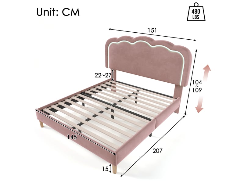  Lit double 140x200 cm avec tête de lit réglable en forme de coussin, éclairage led, velours rose  - Conforama C