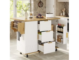 Desserte de cuisine 134x46x88 cm blanche en mdf et métal, plateau rabattable, 3 tiroirs et prises intégrées
