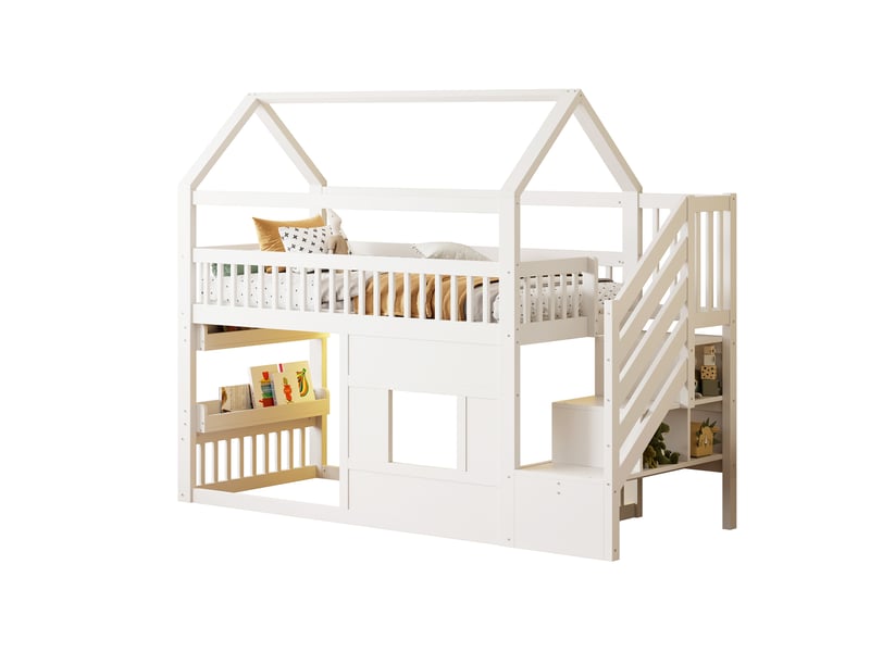 Lit cabane enfant 90x200 cm, avec escalier, étagère et éclairage led, structure en bois, blanc ABC - Conforama A