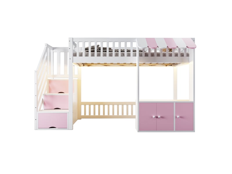  Lit mezzanine en bois 90×200 cm, avec armoire de rangement, escalier de rangement, bande lumineuse led multicolore, design sous les combles, sommier à lattes, lit simple, rose  - Conforama A