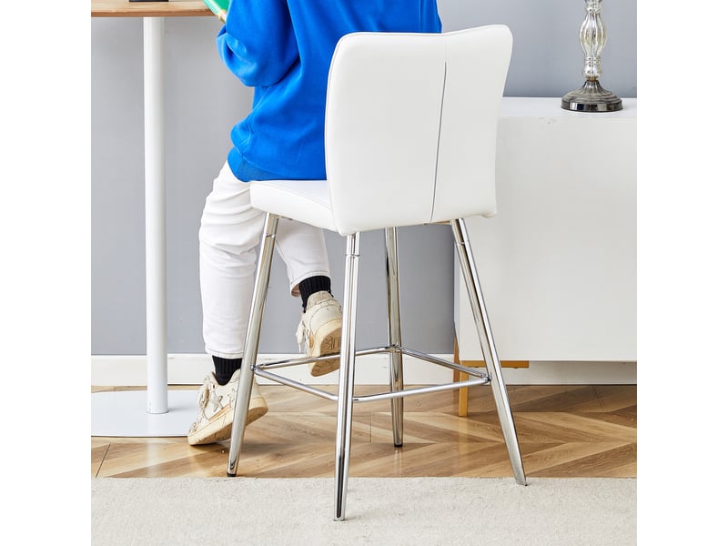 Lot de 2 chaises de bar 44x44x101cm avec dossier, assise mousse 6,6 cm, pieds métal argenté, revêtement pu blanc - Conforama R
