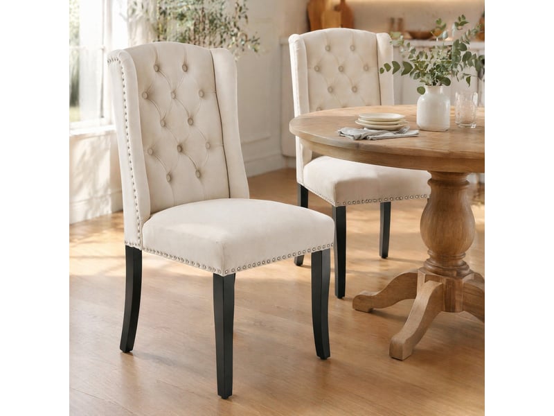  Lot de 2 chaises de salle à manger en velours beige avec pieds en chêne  - Conforama C