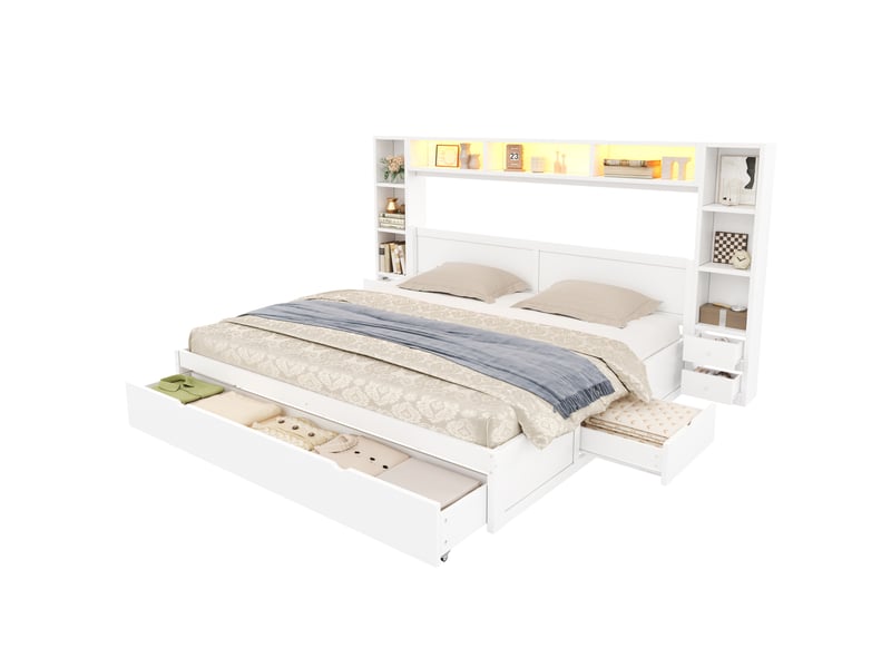  Lit plateforme avec rangement 180x200 cm blanc en mdf et contreplaqué, 7 tiroirs et éclairage led intégré  - Conforama A