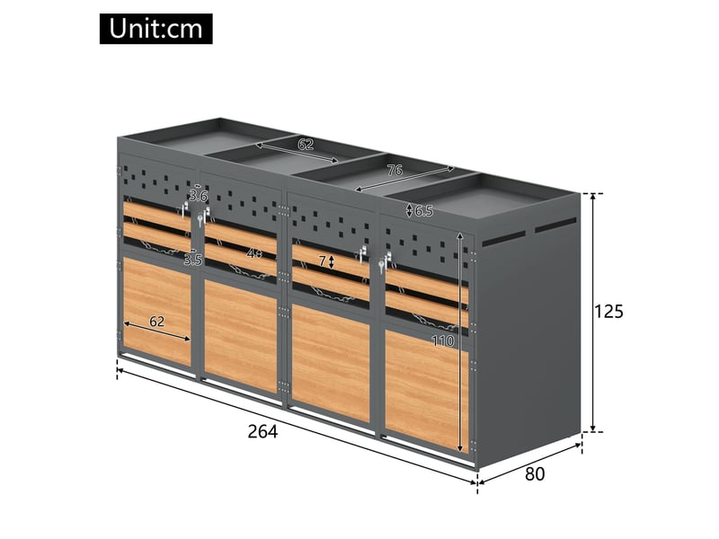  Coffre pour 4 bacs à déchets 264x80x125 cm toit de plantation métal anthracite et aspect bois  - Conforama E