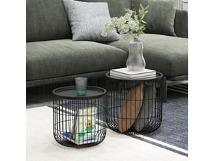 Tables basses gigognes rondes avec plateaux amovibles et rangement ouvert, style scandinave, en acier noir, salon