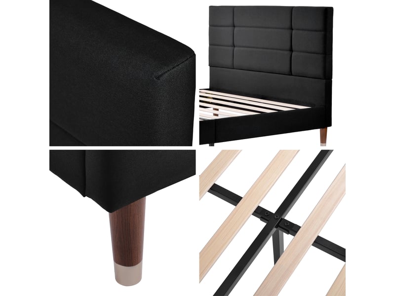  Lit rembourré lit double 140x200cm avec sommier à lattes, en lin noir, cadre de lit rembourré avec tête de lit  - Conforama C