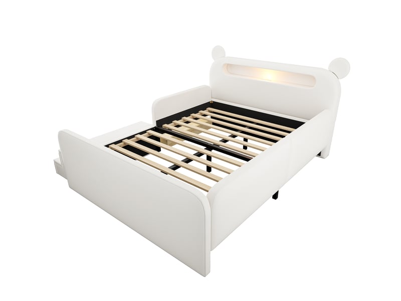 Lit enfant 140x200 cm en similicuir blanc, tête de lit ours, veilleuse, usb et rangement - Conforama E
