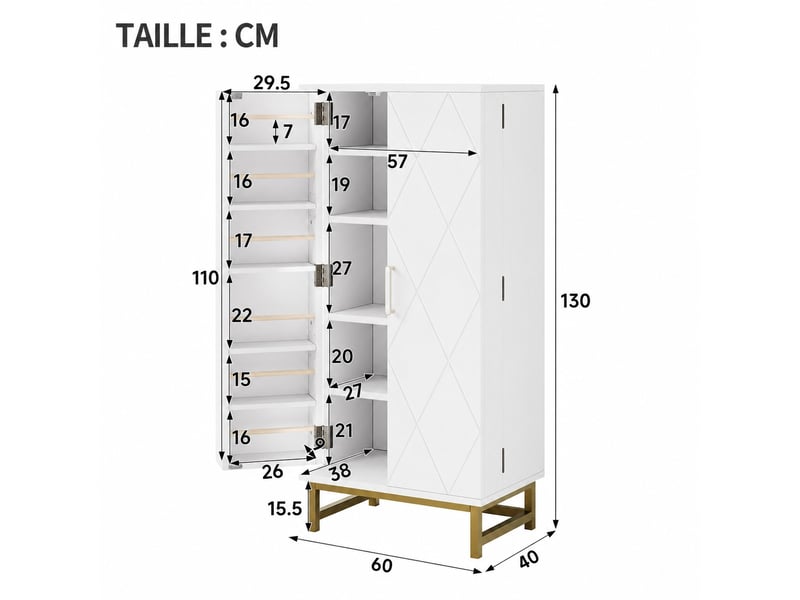  Meuble de cuisine muvano, armoire blanche avec poignées dorées, 2 portes, 60 × 40 × 130 cm  - Conforama W