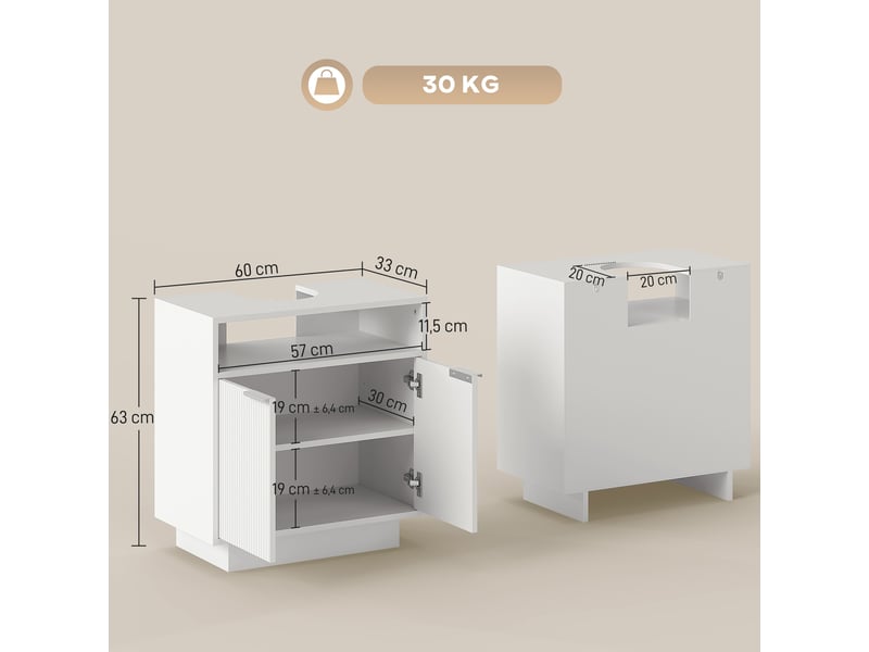  Meuble sous-évier avec 2 portes rainurées et compartiment ouvert pour évier sans colonne, 60 x 33 x 63 cm, blanc  - Conforama E