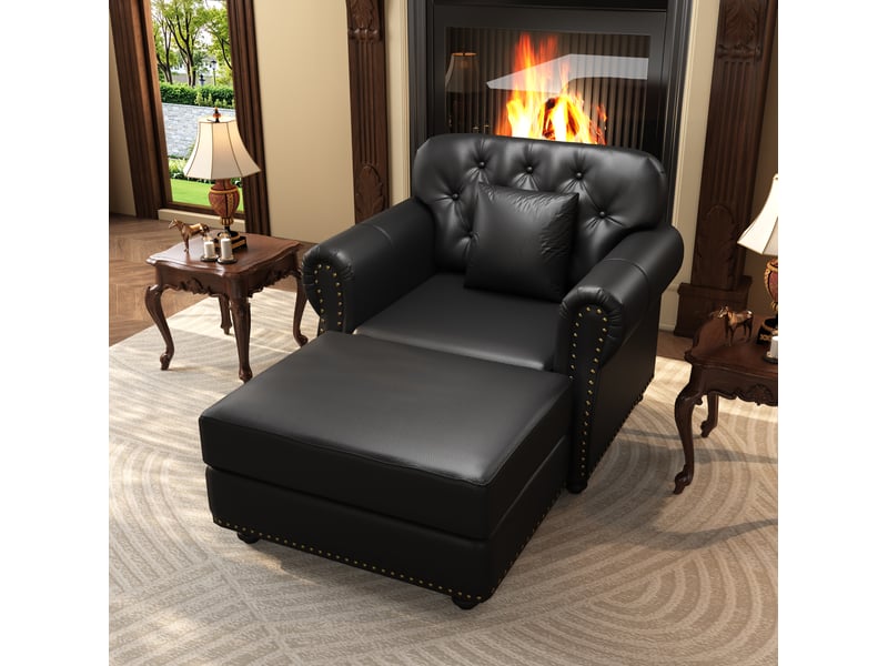  Fauteuil chesterfield avec repose-pieds et coussin noir evryae  - Conforama B