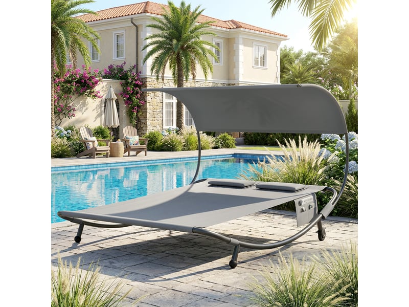 Bain de soleil double avec auvent amovible, roulettes, coussins et poches, 180 x 200 x 170 cm, gris  - Conforama B