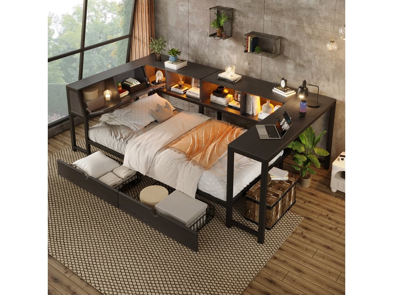  Lit simple 90x200 cm en métal et mdf noir avec bureau, rangement et led  - Conforama E