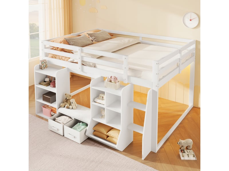 Lit mi-hauteur 140x200 cm avec étagères et 2 tiroirs en tissu, lit enfant avec coin lecture et coussin d'assise, gain de place en pin et mdf blanc - Conforama B