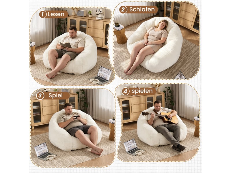  Pouf adulte avec dossier 123 x 111 x 75 cm, revêtement doux en polyester, mousse haute densité, blanc  - Conforama E