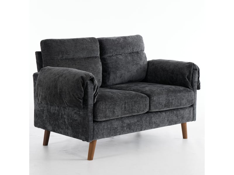 Canapé 2 places en chenille noir, style mid-century, coussins moelleux, petit canapé compact - Conforama D