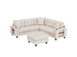 Canapé modulable 5 pl 216,5x216,5x83cm, angle avec repose-pieds, rangement, chenille beige.