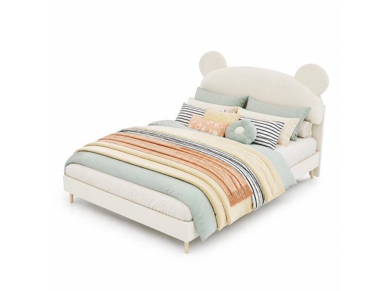  Lit enfant 200×140 cm avec tête de lit peluche à oreilles d’ours et matelas à ressorts ensachés, en tissu et métal beige  - Conforama A