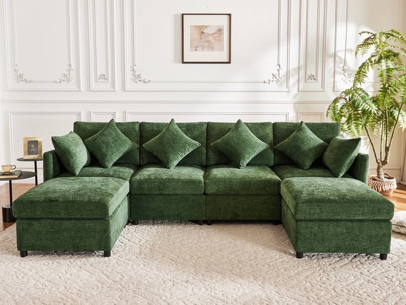  Canapé d'angle en forme de u et en l ,6 places,avec 2 tabourets et 6 coussins,278x161x81,vert  - Conforama B