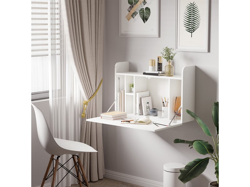  Bureau suspendu table murale table d'ordinateur murale et tablette rabattable 77 x 20 x 51 cm - avec rangements  - Conforama D