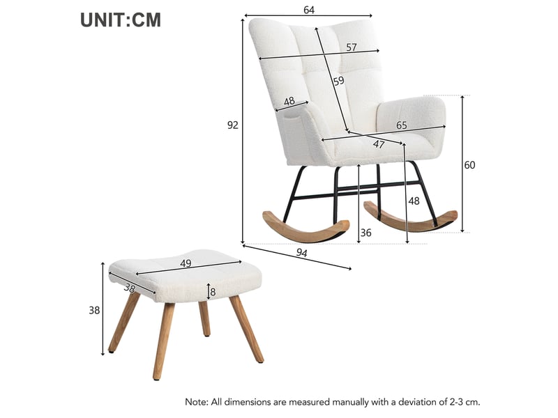  Fauteuil à bascule blanc avec repose-pieds, tissu bouclette et cadre en bois d'hévéa, siège lounge, 92 cm  - Conforama C