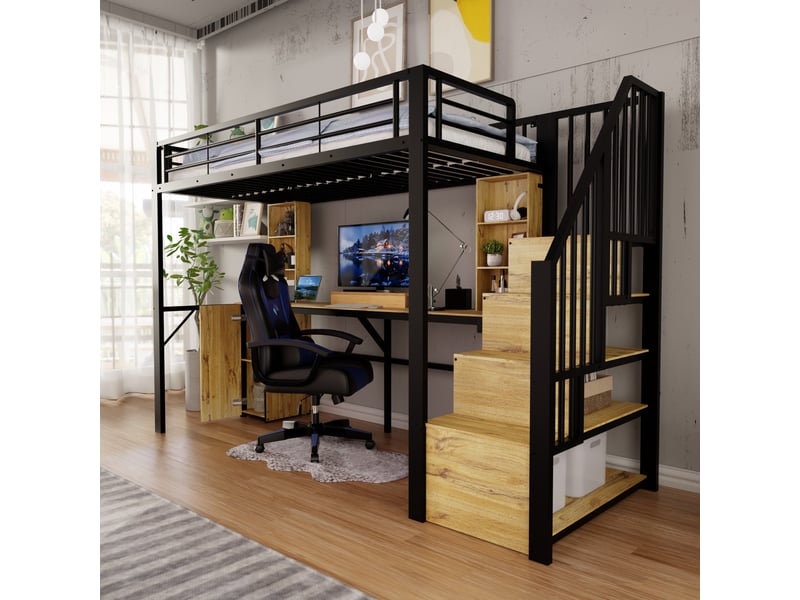  Lit mezzanine simple 90×200 cm avec bureau, rangements et usb - okmyhome- noir, sans matelas, métal et bois  - Conforama C