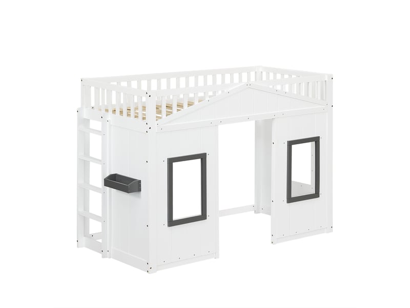 Lit mezzanine cabane 90x200cm avec escalier et fenêtres | norme en747 pin massif fsc espace jeu 112cm | charge 120kg - blanc - Conforama A