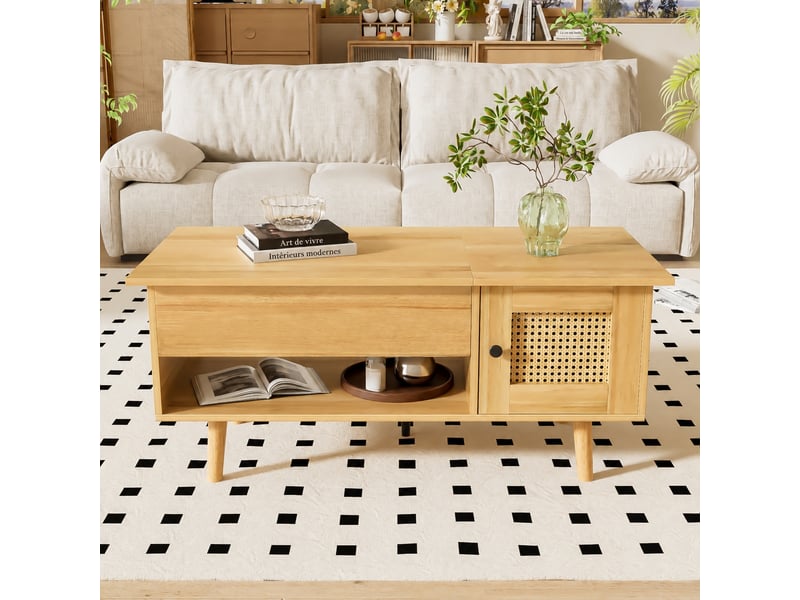  Table basse relevable effet bois et noir avec portes imitation rotin, 103 cm  - Conforama E