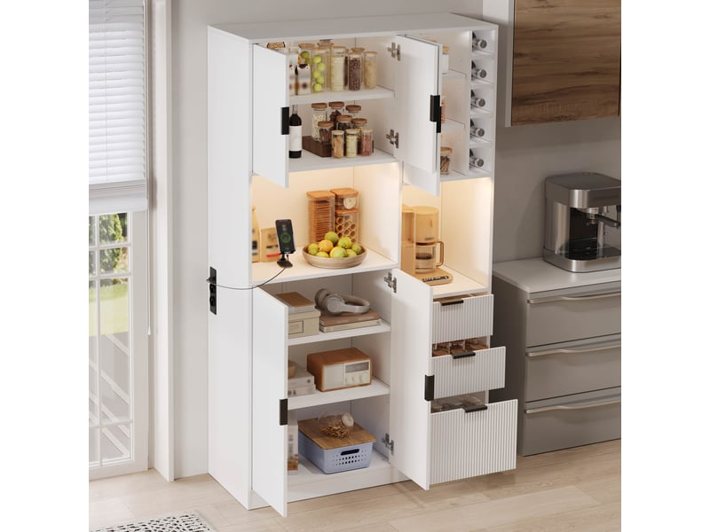  Meuble de cuisine muvano, buffet de cuisine haut blanc avec led et 3 tiroirs, 105 × 40 × 180 cm  - Conforama C
