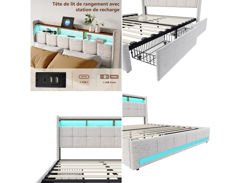 Lit double adulte 180x200 cm avec 4 tiroirs et led rgb, king size, tête de lit avec étagère et ports usb, lit capitonné en lin, beige  - Conforama D