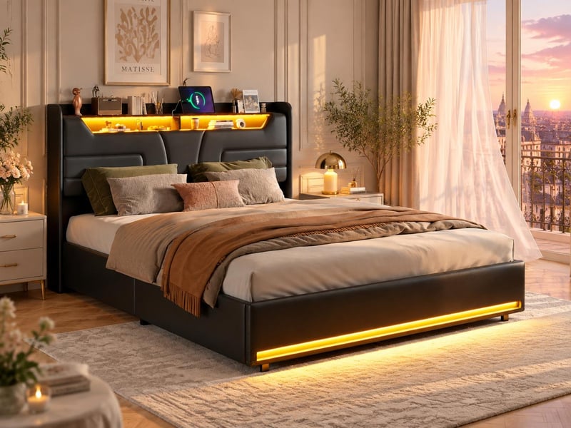  Lit 2 places 140x190 cm - éclairage led - prise électrique intégrée et sommier à lattes - noir  - Conforama B