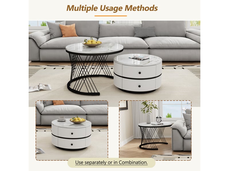  Ensemble de 2 tables basses gigognes blanches, effet marbre brillant, 2 tiroirs, 60×60×46 cm et 50×50×31 cm, charge 30 kg  - Conforama B