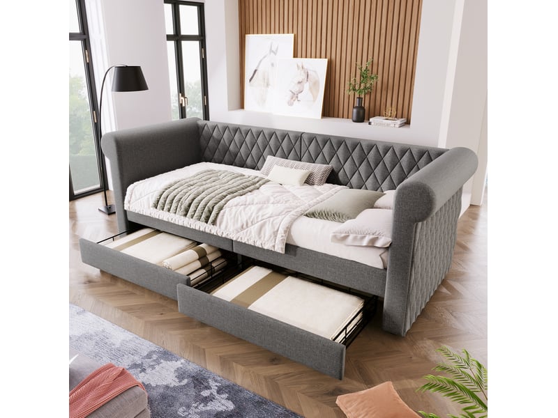  Modenvie lit banquette 90x200 cm - 2 tiroirs de rangement, sommier inclus, sans matelas - gris  - Conforama B
