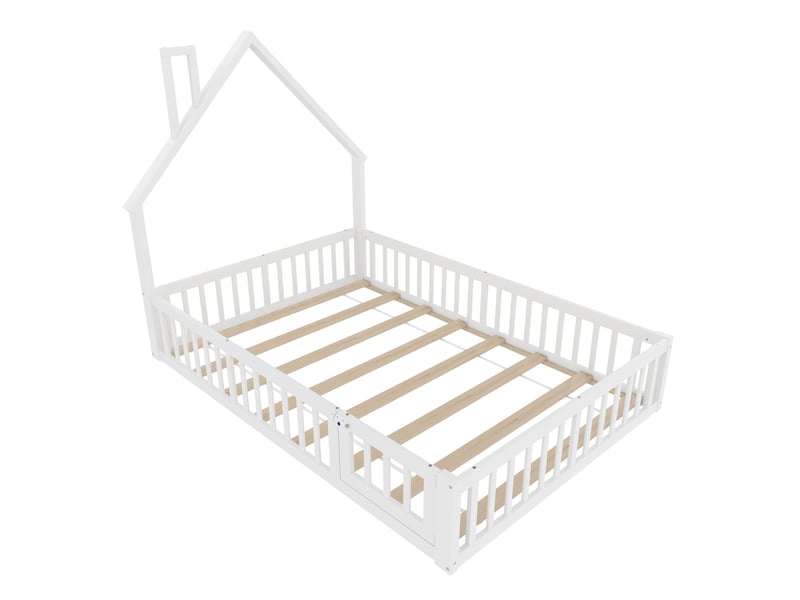 Superbe lit enfant 140x190 cm en bois, lit avec forme de cheminée et barrières de sécurité, sommier inclus, design blanc - Conforama A