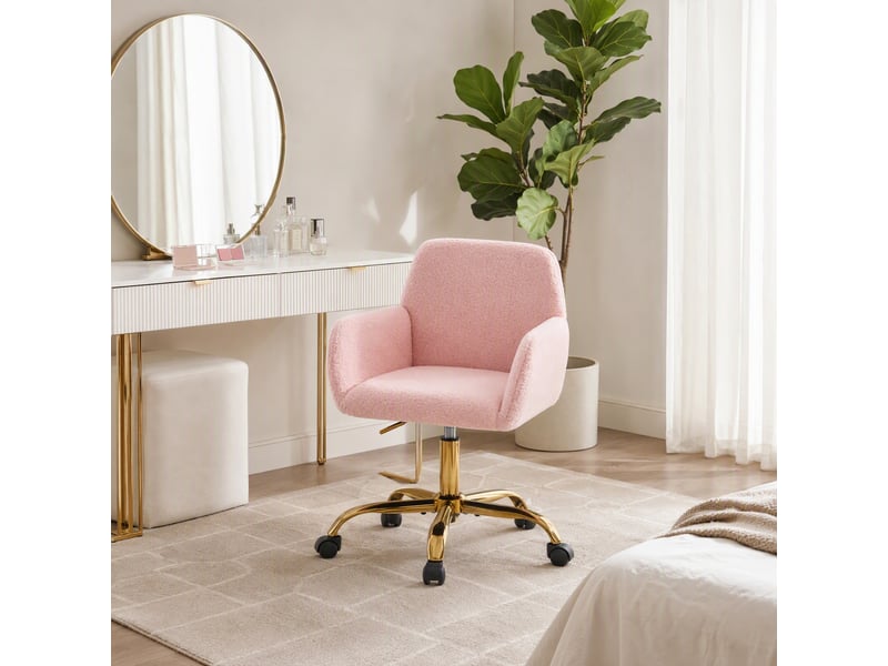 Chaise de bureau pivotante 55 x 53 x 76.2-84.3 cm – hauteur réglable avec pieds dorés et roulettes – fausse fourrure - rose - Conforama B