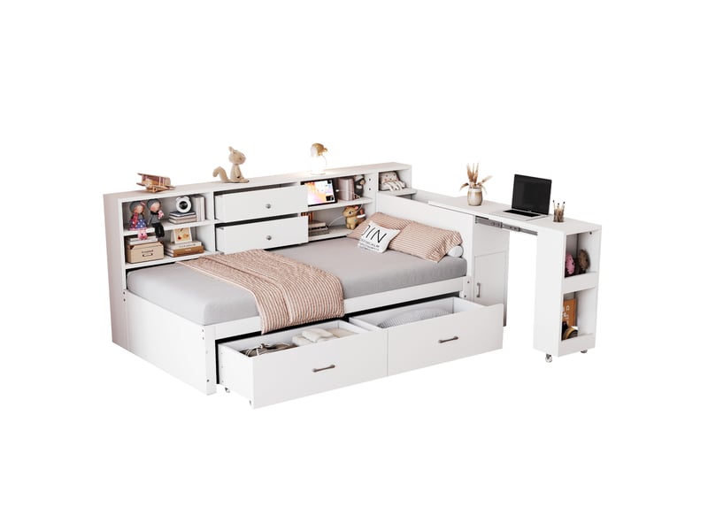  Lit simple multifonction 90x200cm 2 grands tiroirs bureau extensible 40 cm 2 usb + prise ronde bois blanc sans matelas  - Conforama E