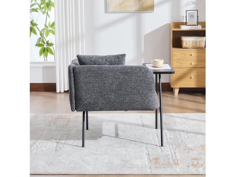 Fauteuil avec table d'appoint et deux poches latérales, dossier courbé, en chenille gris foncé 86 × 72 × 71 cm - Conforama E